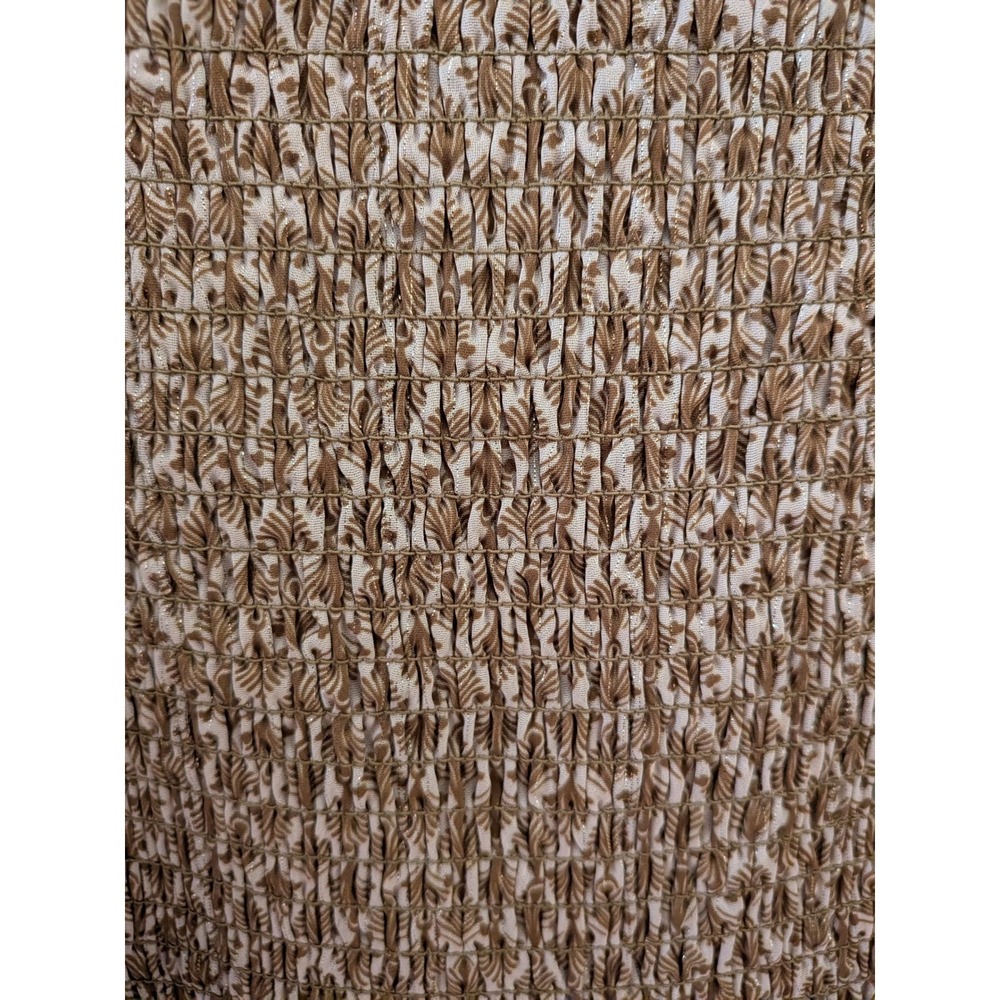 Kourt Tan Calypso Fan Print Smocked Boho Dress Metallic Stripe XL Womens - Picture 8 of 9